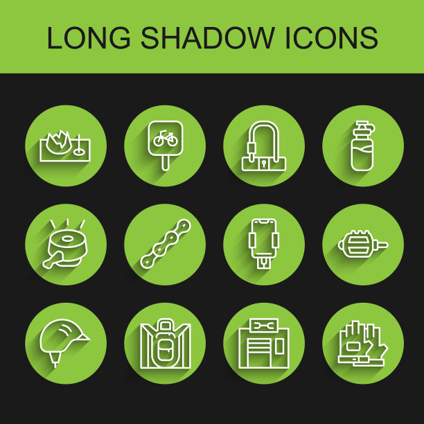 设置线自行车头盔，徒步旅行背包，在街道斜坡，维修服务，手套，链条，踏板和移动holder图标。向量图片下载