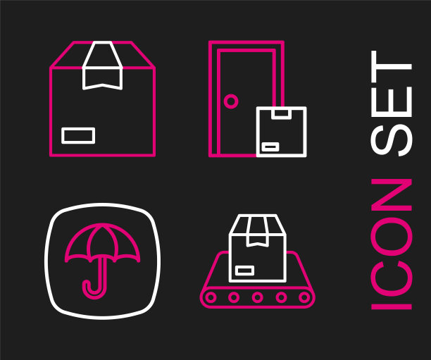 设置线传送带盒，快递包伞，送货上门服务和纸箱纸箱图标。向量图片下载