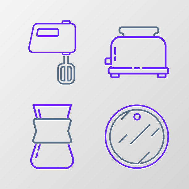 设置线切菜板，咖啡土耳其，烤面包机和电动搅拌机图标。向量图片下载