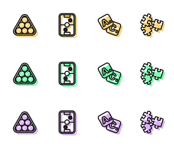 设置线宾果，三角台球，桌上空气曲棍球和拼图玩具图标。向量图片下载