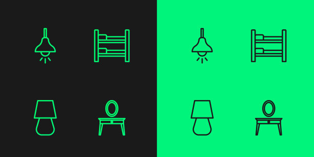 设置线梳妆台，台灯，吊灯和上下铺图标。向量图片下载