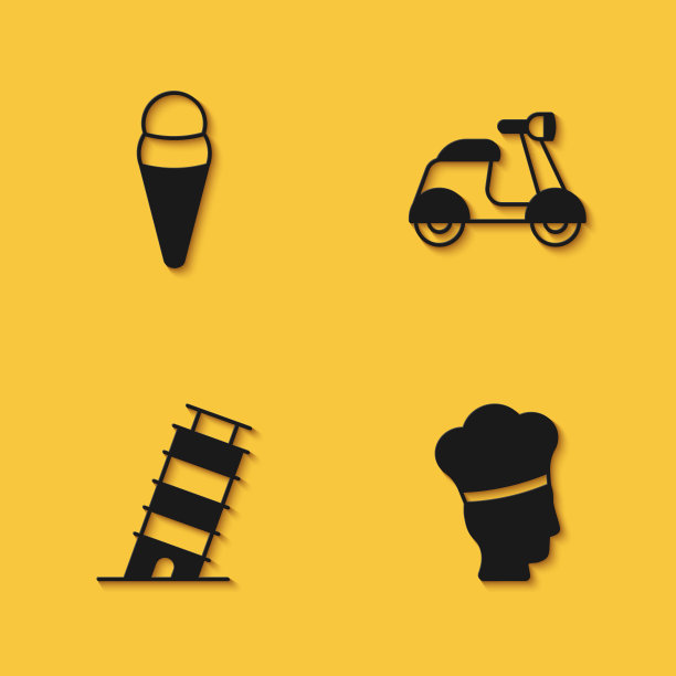 设置华夫饼冰淇淋，意大利厨师，比萨斜塔和摩托车图标与长影子。向量图片下载