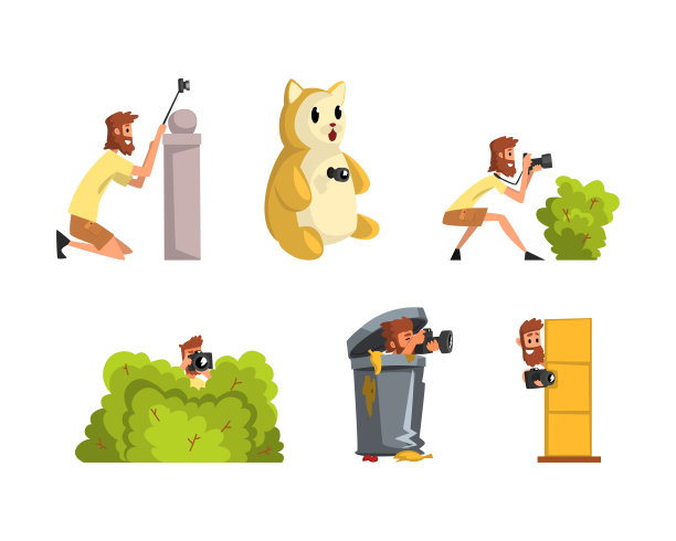 大胡子男子狗仔队或摄影师隐藏与照片相机矢量集图片下载