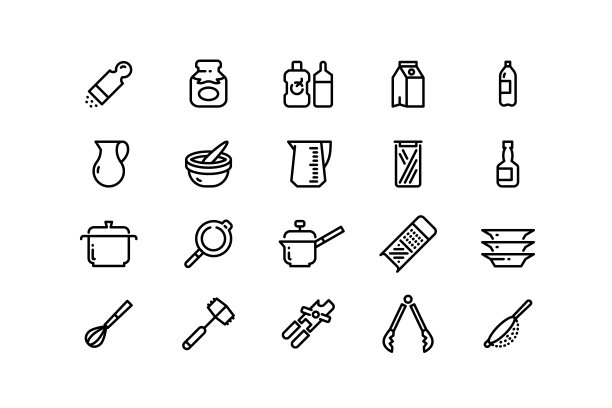 炊具行图标。厨房用具及配件番茄酱和芥末酱，量杯，锅，煎锅和食物容器。矢量可编辑行程图片下载