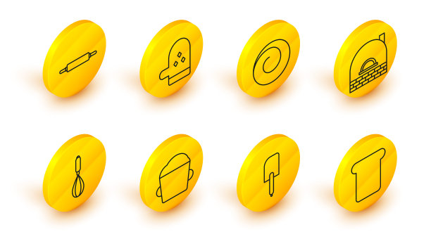 集线面包吐司，锅铲，面包碗面团，厨房打蛋器，砖炉，面包卷肉桂，烤箱手套和擀面杖图标。向量图片下载