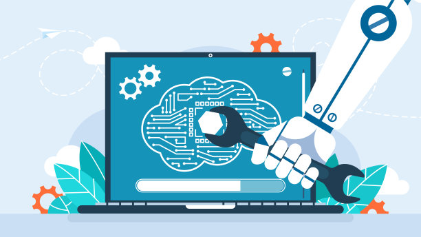 人工智能的自我完善。机器人自我修理。机器人手里拿着扳手，修复笔记本电脑屏幕上的电路。未来的技术概念。矢量图图片下载