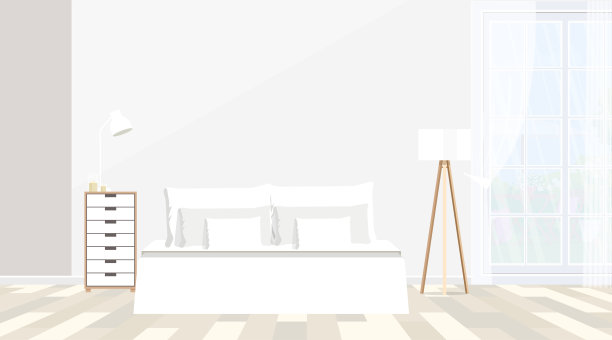 简单的现代设计插画，广告，报价。双人床，白色灯枕，家具在木地板上。图片下载