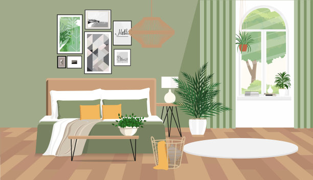 卧室内部为灰绿色色调，白色墙壁上有一棵榕树和图片图片下载