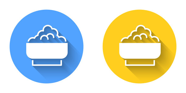 白米饭在一个碗图标孤立与长阴影背景。传统的亚洲食物。圆按钮。向量图片下载