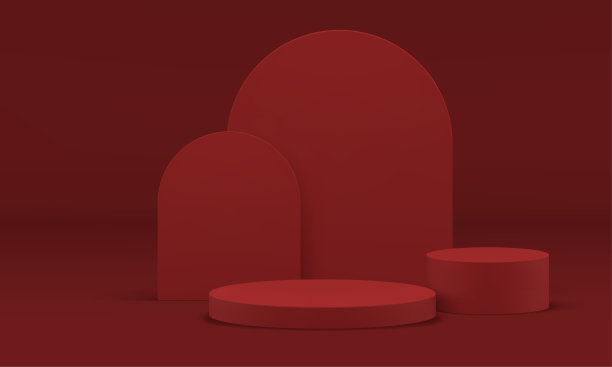 讲台红色三维结构圆柱体基础弯曲墙展示设计现实矢量图片下载