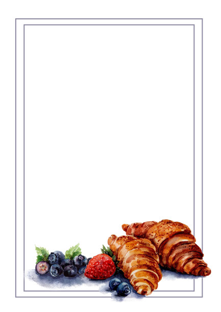 矩形的垂直框架，美味的法国羊角面包和成熟的浆果甜点。手绘水彩插图孤立在白色背景的卡片，横幅，印刷，咖啡馆菜单，餐厅图片下载