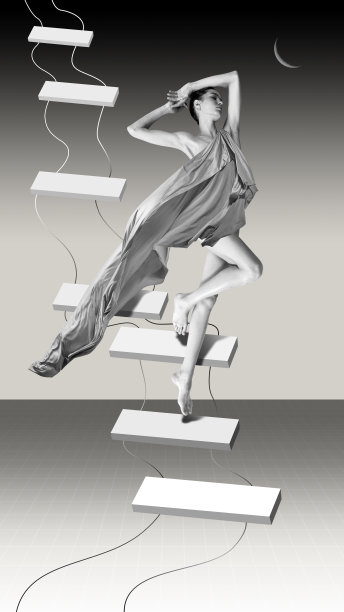 艺术拼贴与迷人的年轻女子织物覆盖身体站在抽象的楼梯。单色创意作品图片下载