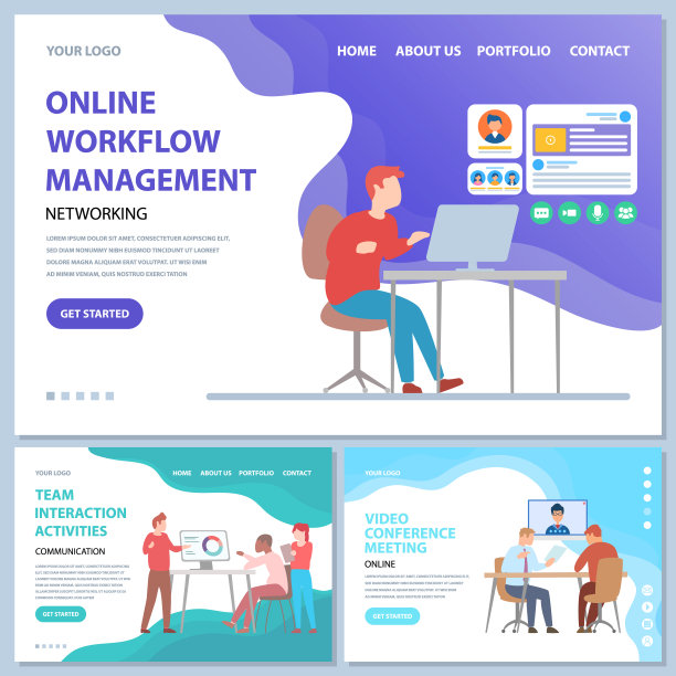 在线工作流程管理，团队互动活动，视频会议网站模板图片下载