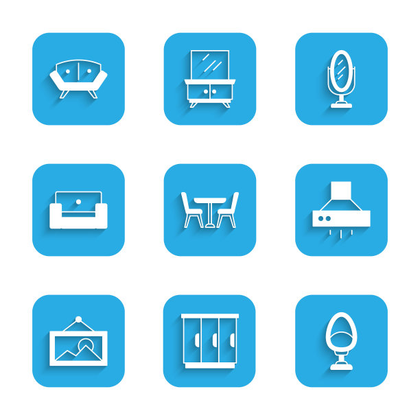 设置桌子与椅子，衣柜，扶手椅，厨房抽风机，图片，镜子和沙发图标。向量图片下载