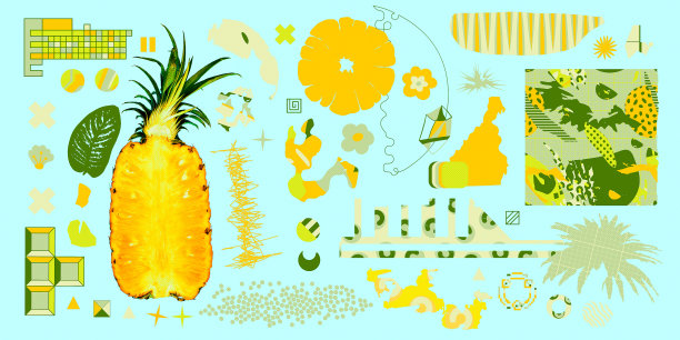 当代数字拼贴艺术。现代anti-design。混沌抽象，几何和菠萝图片下载