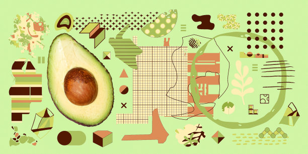 当代数字拼贴艺术。现代anti-design。混沌抽象，几何和鳄梨。生物，生态，素食概念图片下载