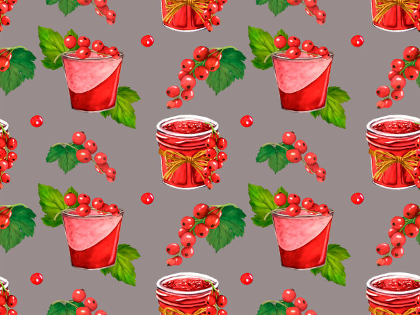 无缝模式与红色浆果和罐子与果冻。水彩加仑孤立在灰色背景。手绘植物插图。剪贴艺术浆果酸奶图片下载