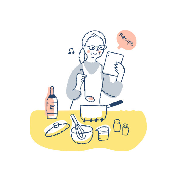 一位老妇人一边烹饪一边看着平板电脑上的菜谱图片下载