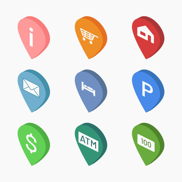 等距图标针集酒店，停车场，atm机，后矢量平面插图图片下载