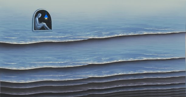 孤独的人与海。超现实绘画艺术图片下载