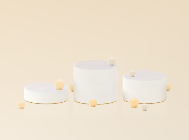 三个白色3d讲台上的软米色粉彩豪华的背景与珍珠珠。一种抽象的舞台，以台阶基座的形式授予获奖产品。矢量目录工作室图片下载