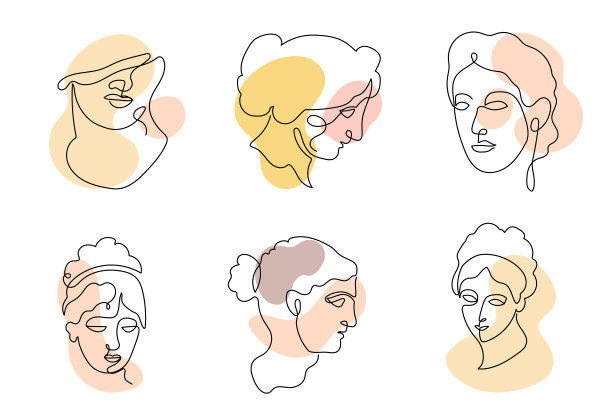 面部女子艺术连续线条标志。美女的脸和头发抽象连续线条图标图形背景。矢量图图片下载