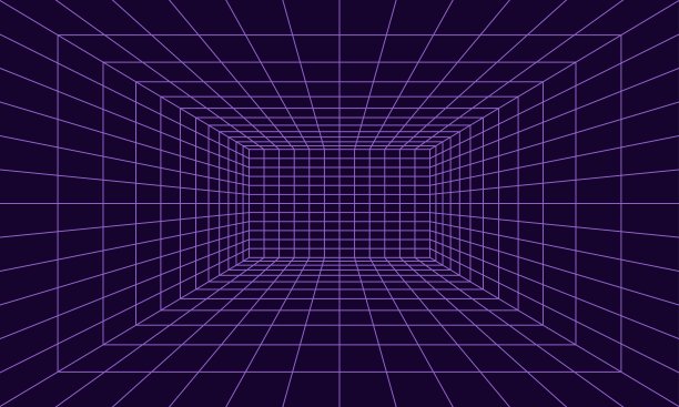 网格房间透视在3d风格。室内线框由紫色激光束、数字空盒组成。抽象几何设计图片下载
