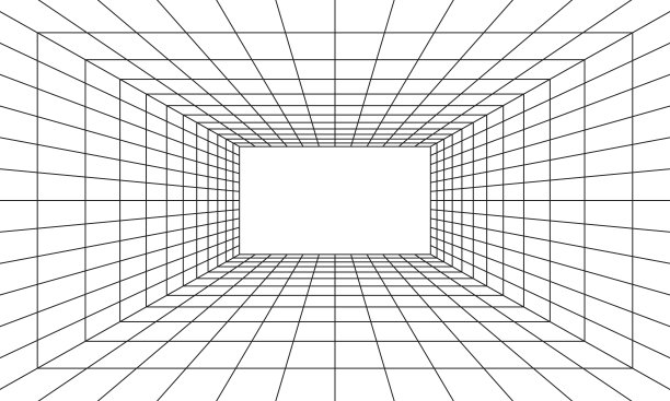 网格房间透视在3d风格。室内线框由黑色激光束组成，数字空盒。抽象几何设计图片下载