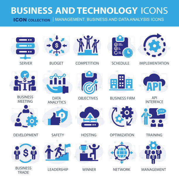 业务、数据分析、组织管理和技术图标集。团队合作、战略、规划、营销、云技术、数据分析、员工图标集。图标矢量集合图片下载