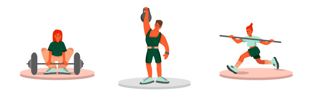 一套卡通人物强壮的人在健身房训练图片下载