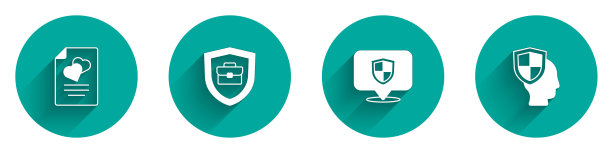 设置婚姻合同，公文包与盾牌，位置和人寿保险图标与长影子。向量图片下载