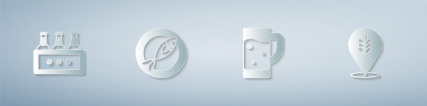 啤酒瓶，干鱼，玻璃和小麦。纸艺术风格。向量图片下载