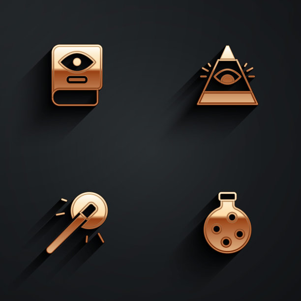 设置古代魔法书，神的全视之眼，魔法棒和药水瓶图标与长影子。向量图片下载