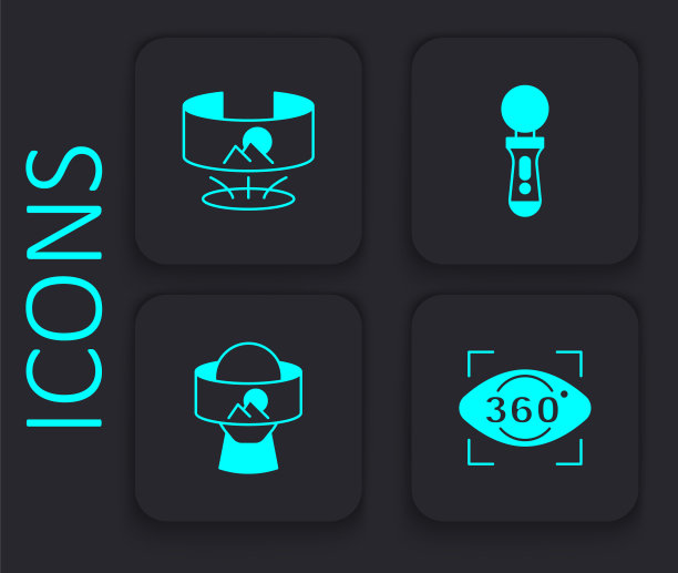 设置360度视角，VR控制器游戏和虚拟现实眼镜图标。黑色方形按钮。向量图片下载