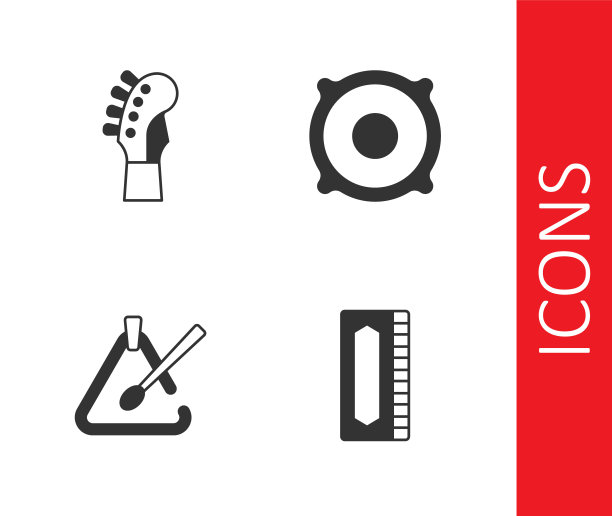 设置口琴，吉他颈，三角乐器和立体声扬声器图标。向量图片下载