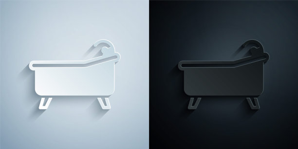 剪纸浴缸图标孤立在灰色和黑色背景。纸艺术风格。向量图片下载