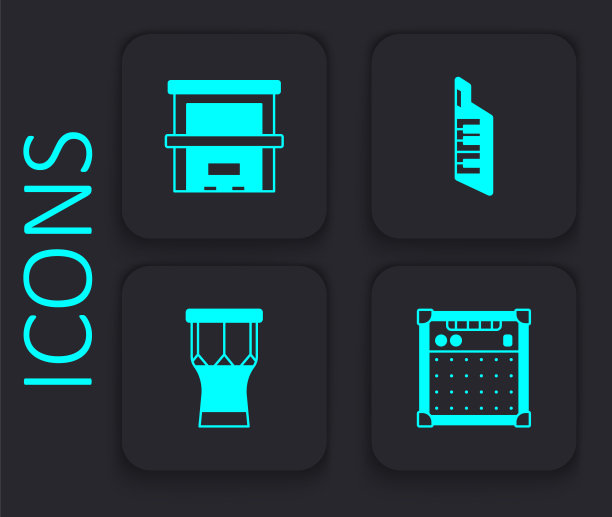 设置吉他放大器，钢琴，键盘和非洲打击鼓图标。黑色方形按钮。向量图片下载