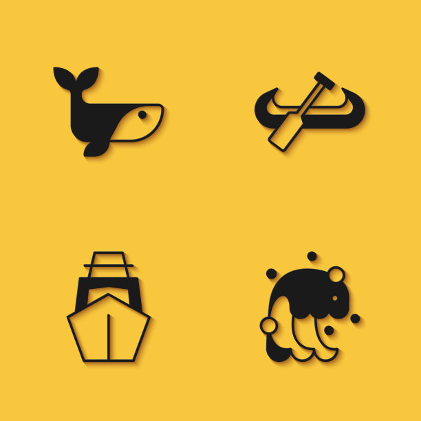 设置鲸鱼，海啸，游艇帆船和皮划艇和桨图标与长阴影。向量图片下载