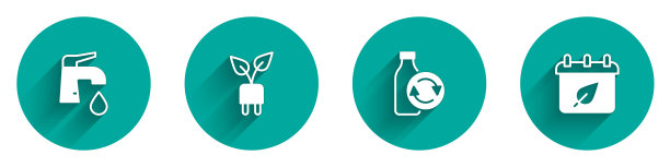 在叶子上设置水龙头、节电插头、回收塑料瓶和带有长阴影的秋叶图标的日历。向量图片下载