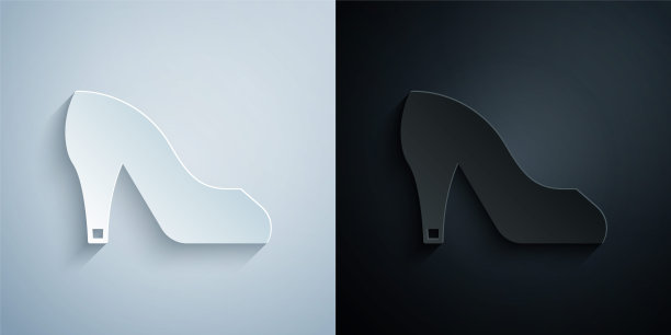 剪纸女子鞋与高跟鞋图标隔离在灰色和黑色的背景。纸艺术风格。向量图片下载