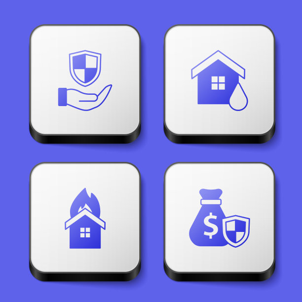 设置盾在手，房子洪水，火燃烧的房子和金钱袋与盾图标。白色方形按钮。向量图片下载