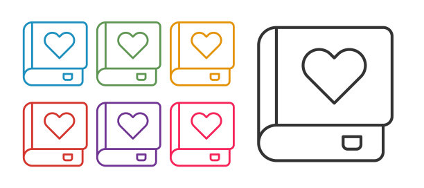 设定行浪漫书图标孤立在白色背景上。设置彩色图标。向量图片下载