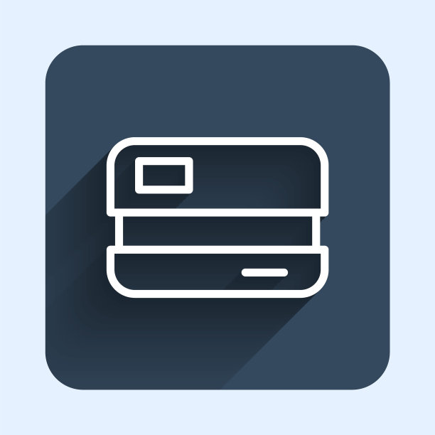 白线信用卡图标隔离与长阴影背景。在线支付。取现。金融业务。购物的迹象。蓝色方框按钮。向量图片下载