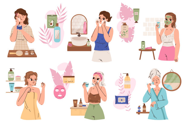 晨间美容护肤。女孩的生活方式，浴室里的护理脸。女生使用乳液，清洁面部肌肤并保湿。女性舒适向量集图片下载