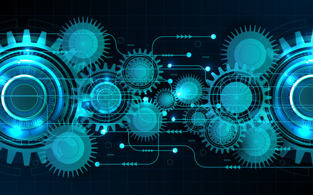 电路板上的齿轮和树齿轮，高科技数字技术与工程，数字电信技术背景图片下载