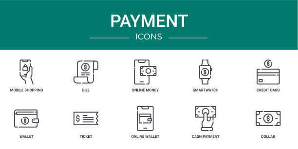 10个支付图标：移动购物、账单、在线支付、智能手表、信用卡、钱包、票务矢量图标，用于报告、演示、图表、网页设计、移动应用图片下载