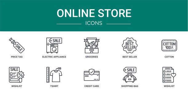 10个大纲网络在线商店图标，如价签，电器，杂货，畅销书，棉花，愿望清单，t恤矢量图标的报告，演示，图表，网页设计，移动图片下载