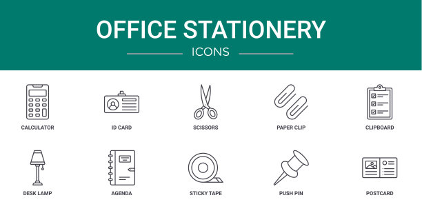 10个大纲网络办公文具图标，如计算器，身份证，剪刀，回形针，剪贴板，台灯，议程矢量图标的报告，演示文稿，图表，网页设计，移动应用程序图片下载