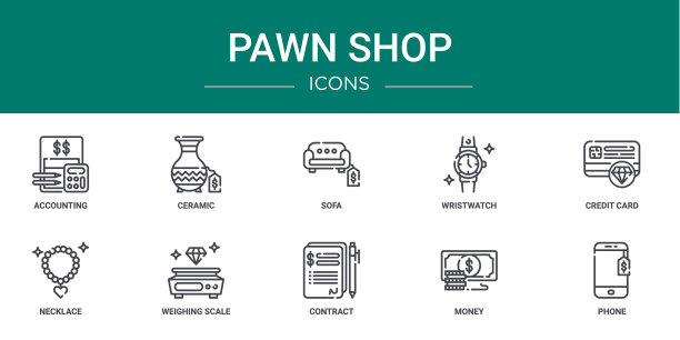 10个大纲网络典当店图标，如会计，陶瓷，沙发，手表，信用卡，项链，称重秤矢量图标报告，演示，图表，网页设计，移动应用程序图片下载