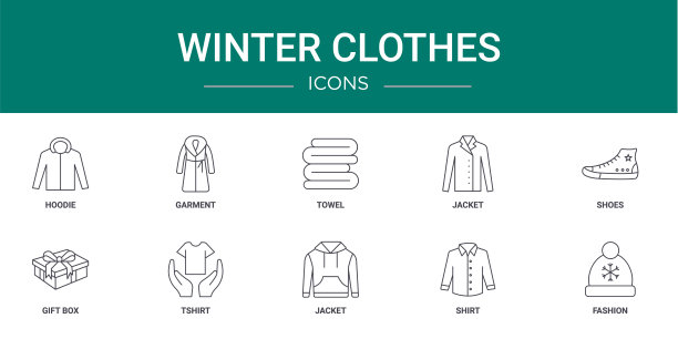 10个大纲网络冬季服装图标，如卫衣，服装，毛巾，夹克，鞋子，礼盒，t恤矢量图标的报告，演示，图表，网页设计，移动应用程序图片下载